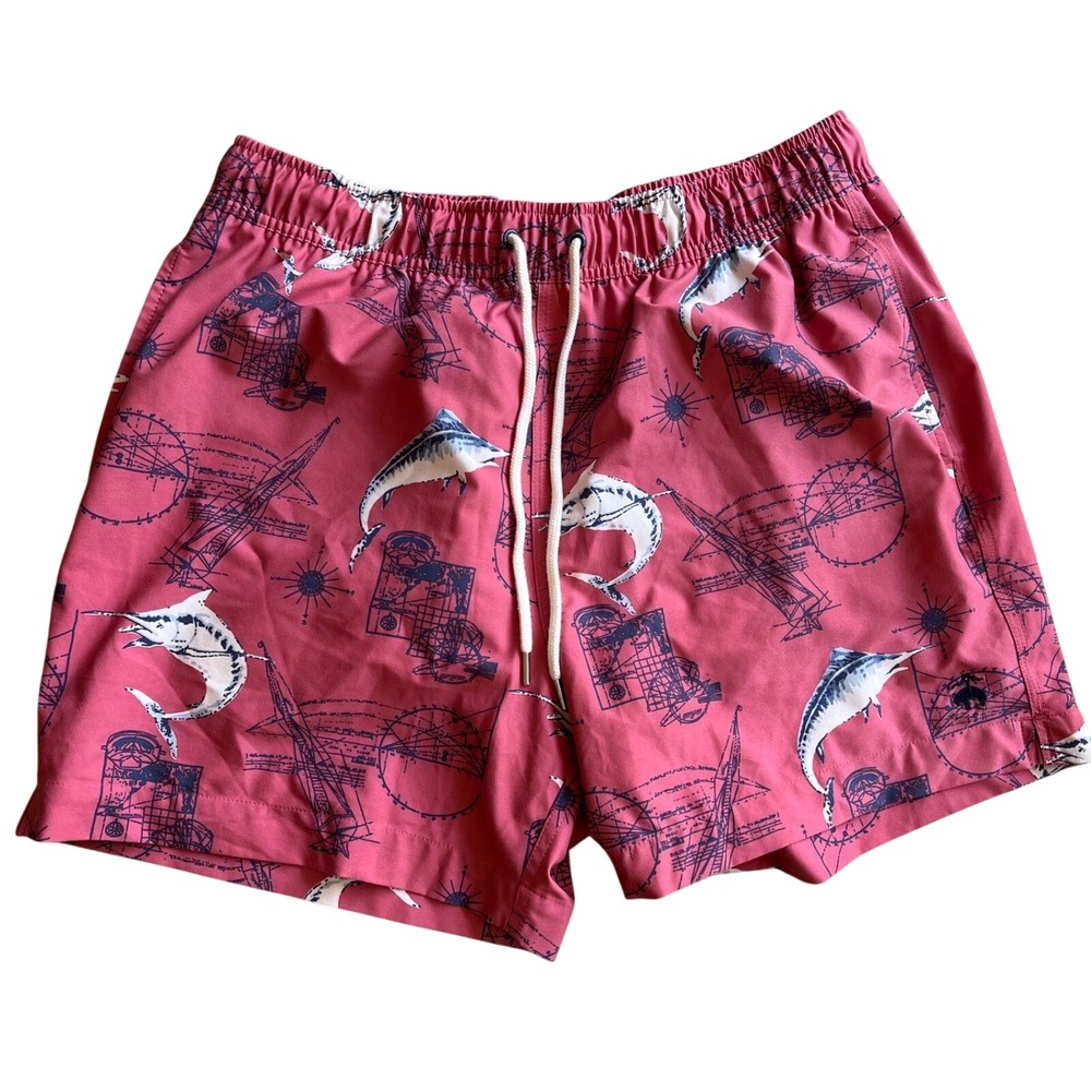 Brooks Brothers Mens Red Marlin Nautical Print Swim Trunks Size L Stretch Mesh